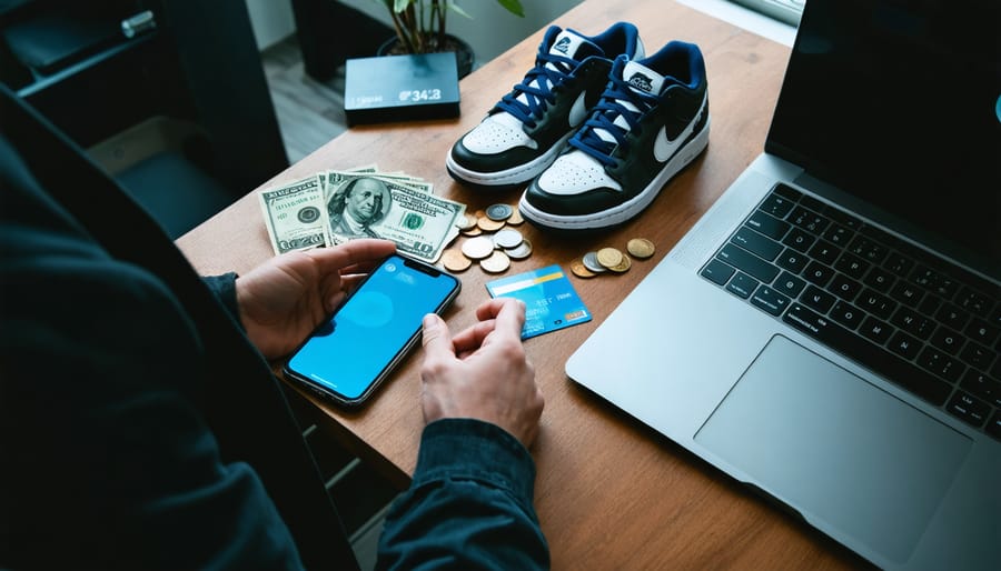 Limited-edition sneakers on a shoebox with cash, coins, and a debit card on a desk, a person’s hands hovering near a smartphone, dramatic side lighting, blurred apartment background.