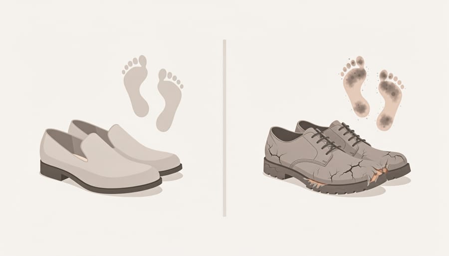 A pair of visibly worn sneakers beside a cleaner pair on a bench, suggesting the impact of shoe condition on foot health.