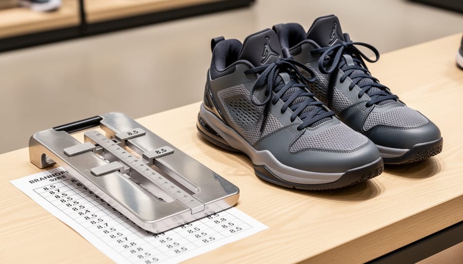 Basketball shoes and a foot-measuring setup for checking size 8.5 fit