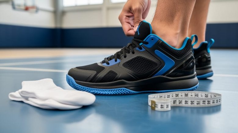 Close-up of a foot stepping into a basketball sneaker with a measuring tape and socks nearby, shot in an indoor court setting.