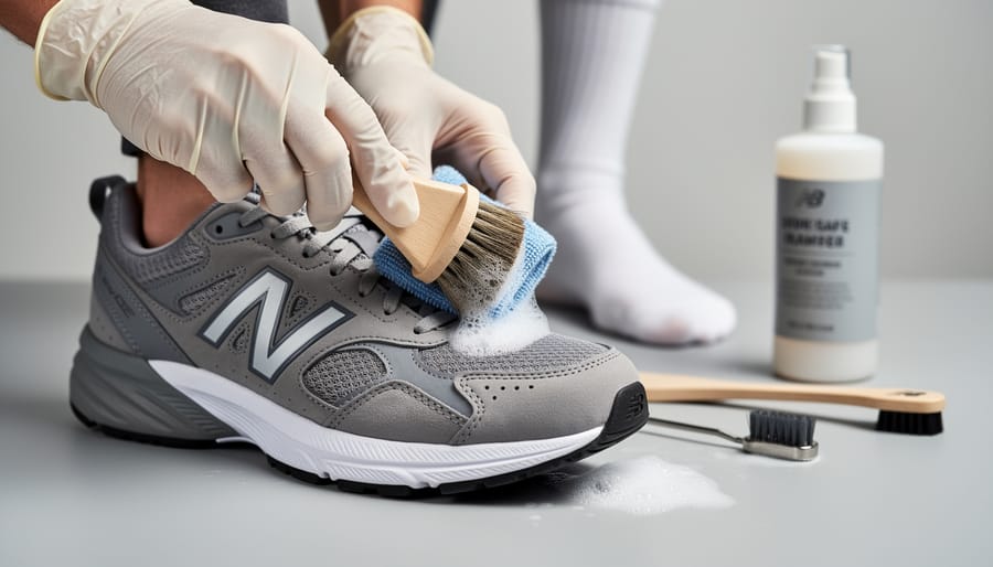 Close-up of hands using a soft brush and spray bottle to clean the inside of a leather shoe.