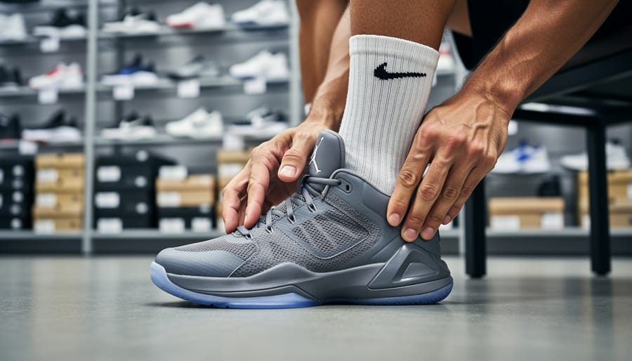 Close-up of thumb test and heel hold while trying on size 8.5 basketball shoes