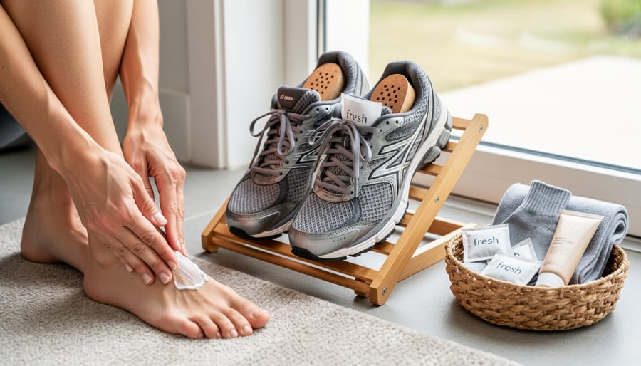 Footwear and foot-care products arranged near shoes with cedar shoe trees on a bedroom floor.
