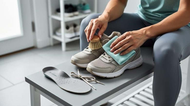 A person cleaning and preparing their sneakers to dry with a brush and cloth on a bench, highlighting weekly footwear care and hygiene.
