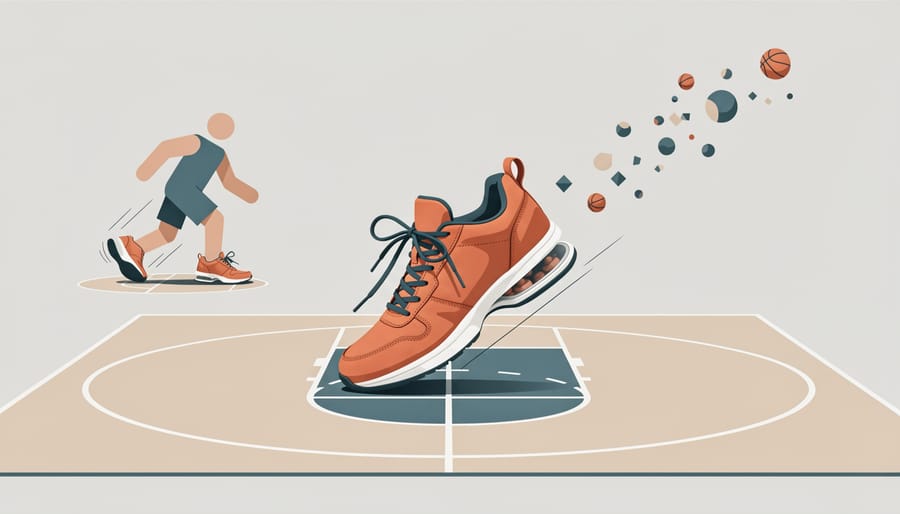 Shoe slipping on an indoor basketball court to suggest the impact of an incorrect basketball shoe fit