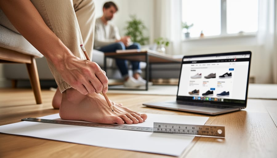 Person measuring their foot with a tape measure at a wooden table for accurate shoe sizing.