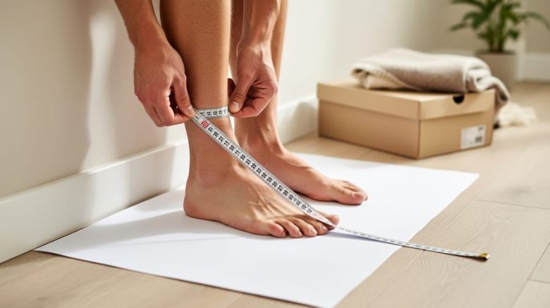 A person measuring heel-to-toe length with a tape measure while standing on paper at home to determine shoe size for online shopping.