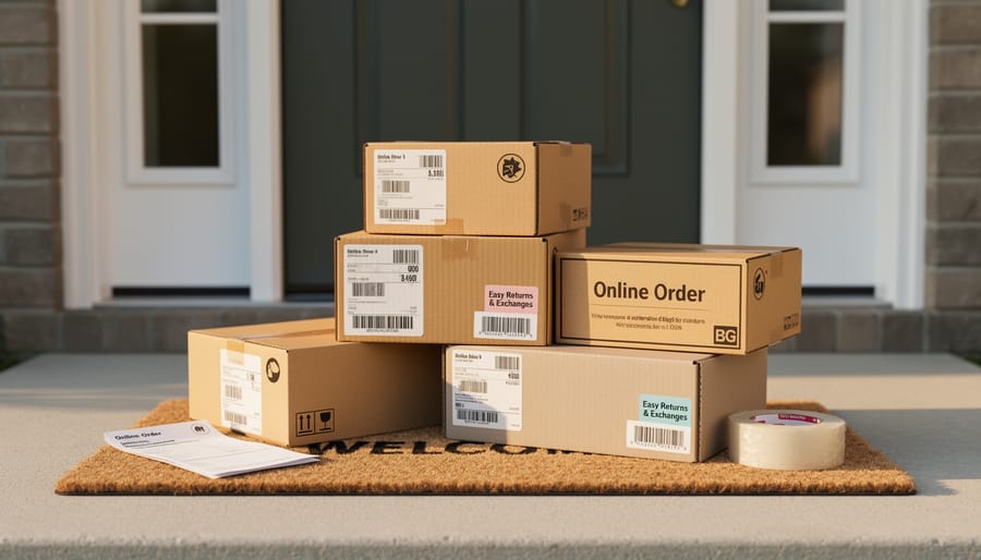 Hand holding a return shipping label near shoebox deliveries on a doorstep.