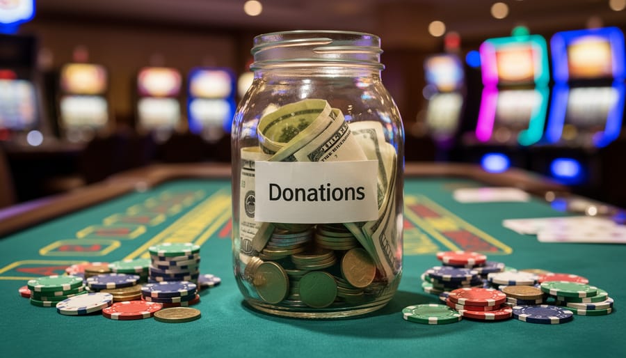 Hand holding a coin near a donation jar placed on a casino table with blurred chips in the background