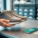 Hands holding a pair of sneakers near an online shopping cart on a smartphone, suggesting smart savings while shopping for shoes online.