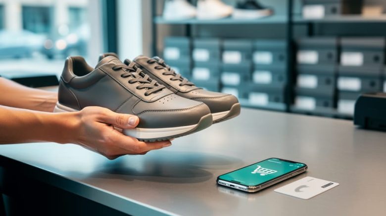 Hands holding a pair of sneakers near an online shopping cart on a smartphone, suggesting smart savings while shopping for shoes online.