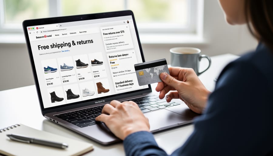 Hands holding shoe boxes and a smartphone while shopping for shoes online with delivery information shown but not readable.