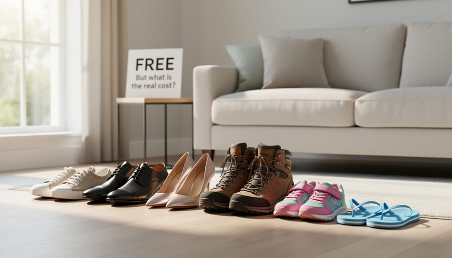 Three pairs of shoes on a wooden table with a receipt envelope beside them, no readable text visible.