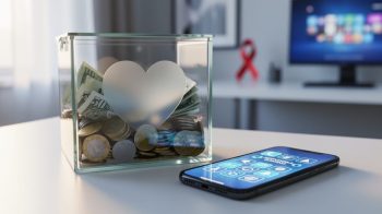 “A glass donation box with a heart-shaped cutout beside a smartphone with abstract responsible gaming icons, representing charitable initiatives and responsible online-casino play.”