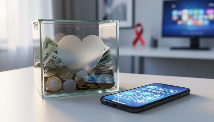 “A glass donation box with a heart-shaped cutout beside a smartphone with abstract responsible gaming icons, representing charitable initiatives and responsible online-casino play.”