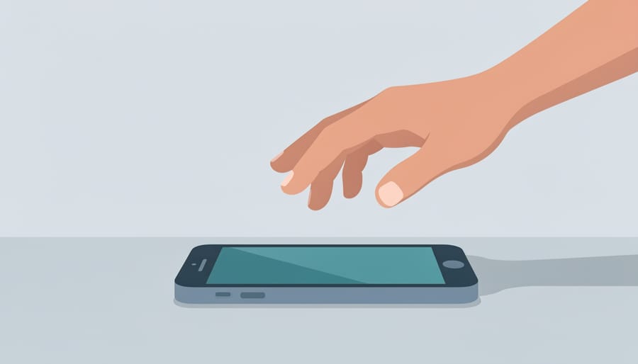 Hand hovering near a large matte control shape beside a smartphone on a desk, suggesting pause and responsible choices