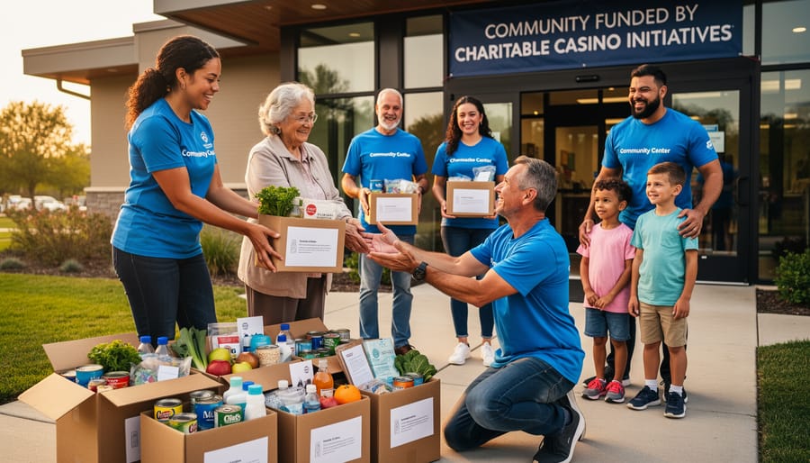 Volunteers carrying wrapped care packages toward a community center entrance in warm golden light