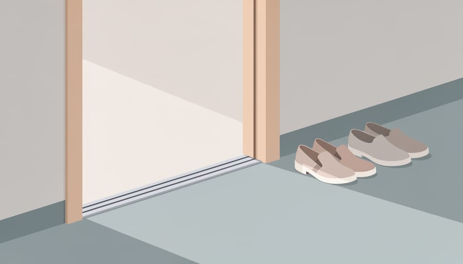A shoe sole near an entry doorway with a protective mat keeping it from going outdoors