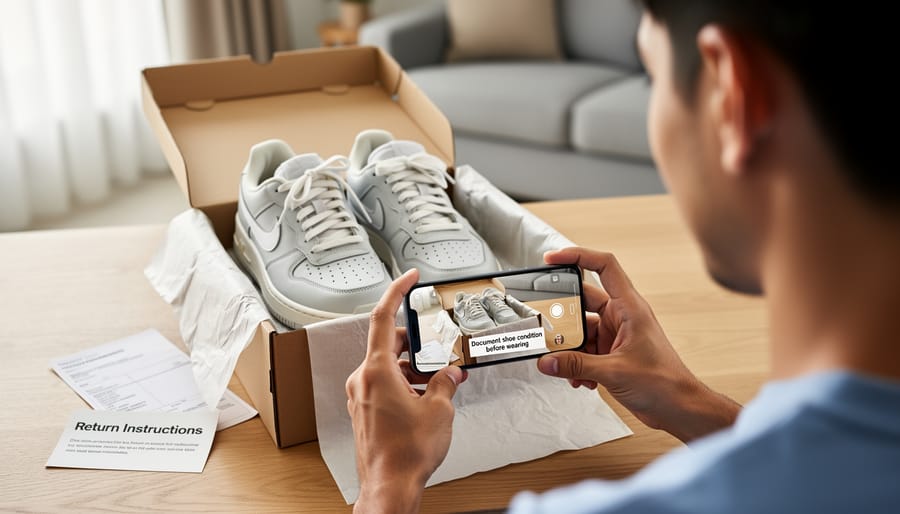 A smartphone held over a shoe sole on a clean indoor floor as if photographing the condition