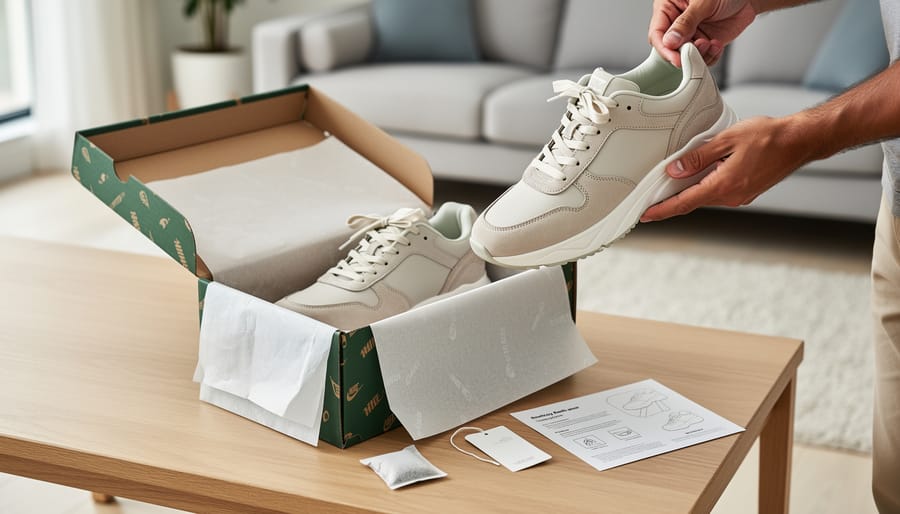 New sneakers placed on a clean rug next to the shoebox and packing tissue in a living room