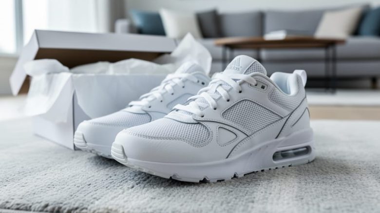 New sneakers placed on a clean rug next to an open shoebox and packing tissue in a living room, ready for indoor try-on.